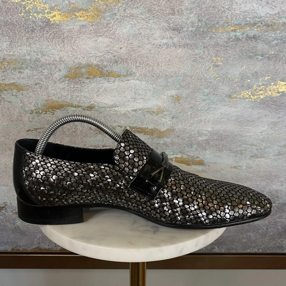 Vercini Shoes Mens Size 6.5 Silver Sequin Leather Monk Strap Dress Loafers